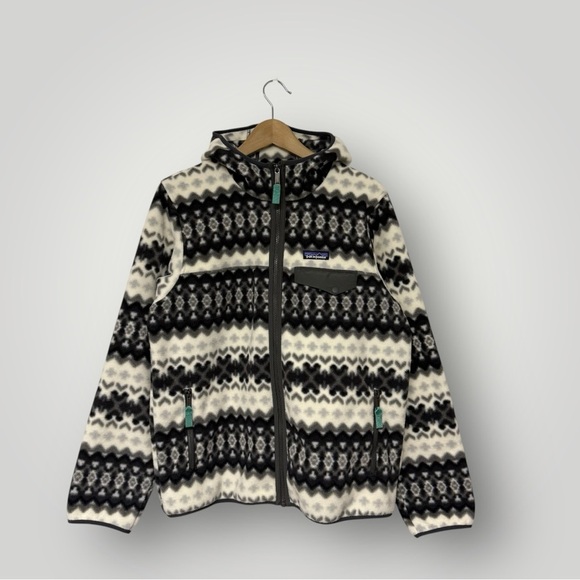 Patagonia Synchilla Snap T Hooded Fleece Jacket Women's L Geometric Print White - Picture 2 of 12